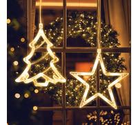 Jsdoin Luces de Navidad, Estrella y árbol de Navidad LED Cortina Luces a Pilas, Temporizador, Luces de Ventana para Navidad Decoracion, Fiesta, Boda, Bar(Blanco Calido)