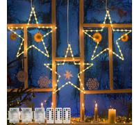 Jsdoin Luces de ventana de Navidad, paquete de 3 unidades, funciona con pilas, 40 cm, luces para colgar en el árbol de Navidad con 8 modos y control remoto, 45 luces LED (Blanco cálido, Estrellas)