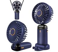 Jsdoin Ventilador de mano portátil, 5 velocidades recargable por USB,funciona con pilas, ventilador plegable de escritorio con pantalla LED para el hogar,oficina,dormitorio,viajes al aire (Azul