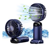 Jsdoin Ventilador de mano portátil, 5 velocidades recargable por USB,funciona con pilas, ventilador plegable de escritorio con pantalla LED para el hogar,oficina,dormitorio,viajes al aire (Azul）