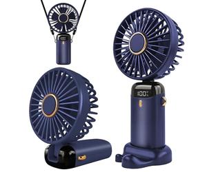 Jsdoin Ventilador de mano portátil, 5 velocidades recargable por USB,funciona con pilas, ventilador plegable de escritorio con pantalla LED para el hogar,oficina,dormitorio,viajes al aire (Azul）