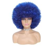 JSDshine Peluca afro rizada de los años 70 para mujer, pelo sintético suave, flexible, de aspecto natural, color azul, con flequillo