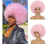 JSDshine Peluca afro rizada rosa estilo años 70 para mujer, volumen suave y aspecto natural, peluca de pelo sintético con flequillo