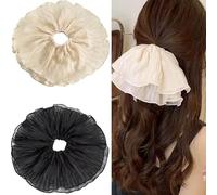 Jseng 2 coleteros extragrandes para el cabello, lazos de encaje coreanos, beige y negro