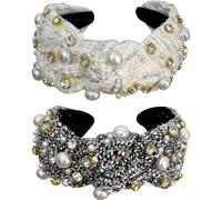 Jseng 2 diademas trenzadas de perlas hechas a mano de tela con diamantes de imitación cruzados, diademas elásticas para el pelo para mujer