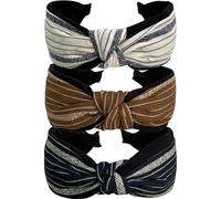 Jseng 3 diademas bohemias trenzadas de tela con nudo cruzado elástico a rayas de lino ancho para mujer