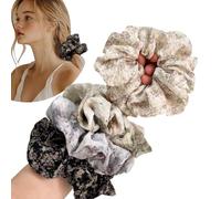 Jseng 4 coleteros de seda satinada para el cabello, lazos grandes para el cabello, floral, beige, verde, gris y negro