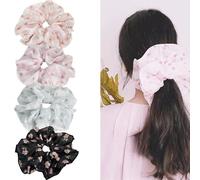 Jseng 4 coleteros grandes de seda para el cabello, lazos florales suaves, albaricoque, rosa, azul y negro