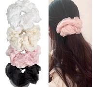 Jseng 4 coleteros grandes y esponjosos para el cabello, lazos suaves con volantes, blanco, beige, rosa y negro