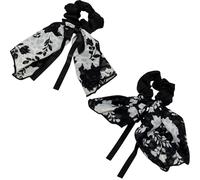 Jseng Coleteros cuadrados para el pelo con lazo anudado, pañuelo elástico floral negro, bandas negras para el pelo, cinta de satén para el pelo, coletero para mujer, color blanco y negro vintage