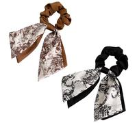 Jseng Coleteros para el pelo con lazo anudado, bufanda elástica floral para el pelo, bandas para el pelo, cinta de satén para coleta, soporte para coleta para mujer, color marrón y negro