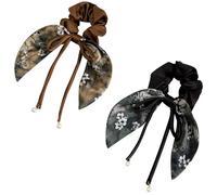 Jseng Coleteros para el pelo con lazo anudado, bufanda elástica para el pelo, lazos para el pelo, cinta de satén para coleta, para mujer, color marrón y negro