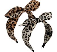Jseng Paquete de 2 diademas anudadas para mujer, diademas con lazo, bandana de leopardo, lindas diademas de orejas de conejo, beige, marrón
