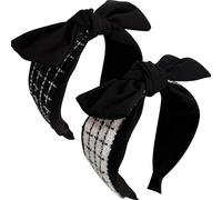 Jseng Paquete de 2 diademas anudadas para mujer, diademas con lazo, lindas diademas de rejilla de orejas de conejo, color blanco, negro