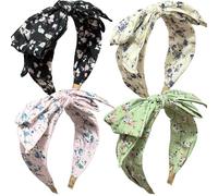 Jseng Paquete de 4 diademas anudadas para mujer, diademas bohemias con lazo floral, lindas orejas de conejo, accesorios para el cabello, beige, rosa, verde, negro