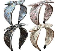 Jseng Paquete de 4 diademas anudadas para mujer, diseño bohemio de cachemira, lazo floral, lindas diademas de orejas de conejo, accesorios para el cabello, beige, rosa, azul claro, gris carbón