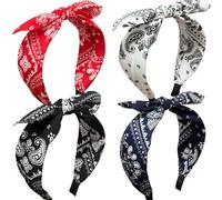 Jseng Paquete de 4 diademas anudadas para mujer, diseño bohemio de cachemira, lazos florales, lindas diademas con orejas de conejo, accesorios para el cabello, blanco, rojo, azul marino, negro