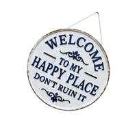 JSGHGDF Letrero de bienvenida para puerta delantera, placas de hierro con texto en inglés "Welcome to Happy Place" para el hogar, oficinas, dormitorios, cocinas, comedores, decoraciones decorativas