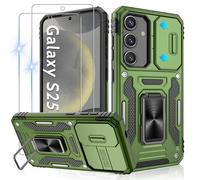 Jshru Funda para Samsung Galaxy S25, funda protectora de cámara con 2 protectores de pantalla, estándar militar, antigolpes, anticaídas, 360°, anillo de metal para Galaxy S25, verde oliva
