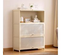 JSLJJBD Bambú Estantería Libros con Puertas Abatibles Librería Estantería con Diseño de Ratán Biblioteca Vitrina Multicompartimento para Libros Decoración Unidad para Sala de Cream White 60cm 4-Tier