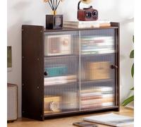 JSLJJBD Bambú Estanterias en Forma de Escalera para Escritorio Estanteria Libreria con Puertas Correderas Semitransparentes Estante Vitrina Multinivel Estante Coffee Brown Right-Angle Style, 4 Layers