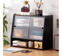 JSLJJBD Bambú Estanterias en Forma de Escalera para Escritorio Estanteria Libreria con Puertas Correderas Semitransparentes Estante Vitrina Multinivel Estante organi Black Trapezoidal Style, 4 Layers