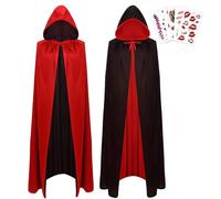 JSRHEEM Capa de Halloween con Capucha 130cm - Disfraz de Vampiro con Tatuajes Temporales - para Carnaval & Fiestas, Niños & Adultos, Reversible Negro/Rojo(130cm)