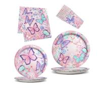 JSRHEEM Juego de vajilla para decoración de fiesta de mariposa, juego de 50 piezas, platos y vasos, incluye servilletas, adecuado para 10 personas, decoración de fiesta de cumpleaños de mariposas