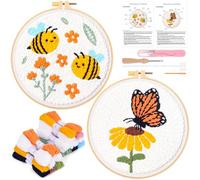 JSRQT 2 Juegos Kit de Bordado con Aguja Perforadora para Principiantes, Sencillo Punch Needle Kit con Patrón Mariposa Abeja para Adulto Niño, Bordado Hecho a Mano Manualidades DIY Decoración del Hogar