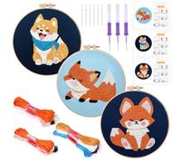 JSRQT 3 Piezas Kit Aguja Perforadora para Adultos Principiantes Kit de Arranque Punch Needle Kit Zorro Perro Bordado con Perforadora Bricolaje Aguja Magica para Bordar Kit de Iniciación para Bordado