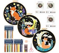 JSRQT 3 Piezas Kit de Bordado Zorro para Principiantes Adultos, Kit de Punto Cruz Estampado, Kit de Punto Aguja Artesanal Hecho a Mano con Herramientas, Aro de Bordado, Instrucciones, Aguja e Hilos