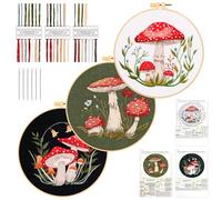 JSRQT 3 Piezas Kit de Inicio de Bordado con Champiñón Patrones,Embroidery Cross Stitch Set, Kits Punto de Cruz para Principiantes y Adultos