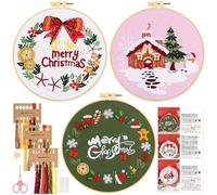 JSRQT 3 Piezas Kit de Inicio de Bordado Navidad,Christmas Kit de Herramienta de Punto Cruz,Mano Kit de Inicio de Bordado para Adulto Principiantes