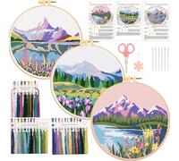JSRQT 3 Piezas Kit de Inicio de Bordado para Principiante, Kit de Punto de Cruz con Patrón de Paisaje, Kit de Bordado con Punta de Aguja a Mano con Aro de Bordado, Agujas e Hilos para Decoración Hogar