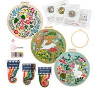 JSRQT 3 Piezas Pascua Kits de Bordado para Principiantes Adulto, Kit de Punto de Cruz con Patrón de Flores Conejito, Kit de Inicio Bordado Hecho a Mano con Instrucciones, Aro de Bordado, Aguja e Hilos