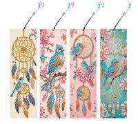 JSRQT 4 Piezas 5D Marcapáginas de Pintura Diamante,DIY Marcadores de Página Flores Pájaros,Borla de Cuero Separador de Libros para Regalo,Lectores y Estudiantes