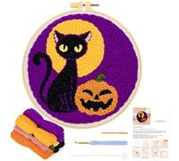 JSRQT Halloween Kit de Iniciación de Bordado de Aguja de Perforación,Punch Needle Embroidery Kit,Kit de Inicio de Bordado para Adultos Principiantes(Calabaza de Gato Negro)
