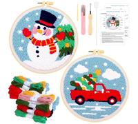 JSRQT Juego de 2 Agujas de Bordado Navideñas para Principiantes Adultos, Kit de Inicio Bordado Punch Needle, Kit de Punto Cruz Embroidery Hecho a Mano con 2 Aro de Bordado, para Decoración Navideña