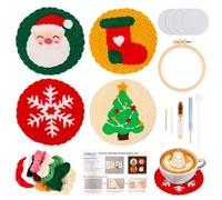 JSRQT Kit de 4 Posavasos Navideños Aguja Perforadora, Kit de Punto Cruz Hecho a Mano para Principiantes Adultos y Niños, Inicio Bordado Punch Needle con Herramientas, para Decoración Navideña