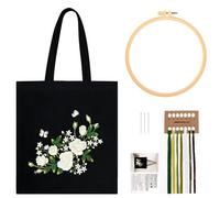 JSRQT Kit de Bordado Bolsa Lona para Adultos Principiantes, Kit de Inicio de Punto Cruz Estampado con Patrón de Rosa Blanca, Bolso Bordado Hecho a Mano Oficio del Arte incluyendo Agujas e Hilos, Negro