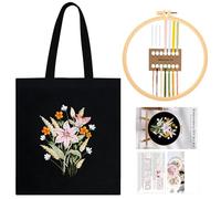 JSRQT Kit de Bordado Canvas Tote Bag, Kit de Inicio de Bordado con Patrón Flores, Kit de Punto Cruz Estampado para Adultos Principiantes, Kit de Bolsa de Bordado a Mano con Instrucciones, Negro
