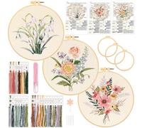 JSRQT Kit de Bordado Floral de 3 Juegos para Adultos Principiantes, Kit de Inicio de Punto de Cruz Estampado con Tela Preimpresa, Kit de Bordado Hecho a Mano con 3 Aros de Bordado, Aguja e Hilo
