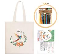 JSRQT Kit de Bordado para Bolso de Lona de Colibrí, Kit de Inicio Punto de Cruz Estampado de Flores para Principiantes Adultos, Bordado Bolso de Lona Artesanal con Herramientas, Aguja e Hilo, Beige
