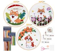 JSRQT Kit de Bordado para Principiantes Adultos, Kit de Punto Cruz Estampado de Cachorro Flores Patrón para Amantes Manualidades, Bordado Artesanal con Herramienta Instrucciones, para Decoración Hogar