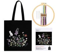 JSRQT Kit de Bordado Principiantes, Canvas Tote Bag Kits de Punto de Cruz con Patrón Floral, Kit de Inicio de Bordado a Mano Bolsa de Lona incluye Aro e Instrucciones para Mujeres y Niñas, Negro