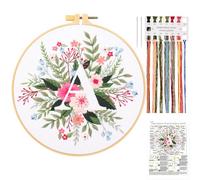 JSRQT Kit de Inicio Bordado de Flores con Letra A, Kit de Bordado Hecho a Mano para Principiantes Adultos, Kit de Punto Cruz Estampado con Herramienta de Bordado Incluye Aro de Bordado, Aguja e Hilos