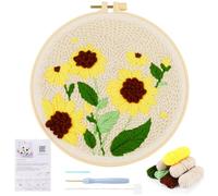 JSRQT Kit de Inicio de Aguja Perforadora de Girasol, Kit de Bordado Punch Needle para Niños Adultos, Kit para Principiantes de Bordado con Herramienta incluye Aro de Bordado, Agujas de Tela e Hilos