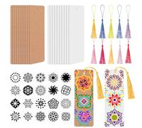 JSRQT Kit de Marcapáginas en Blanco, Marcapáginas de Cartulina, 20 Marcadores de Papel Blanco y Marrón sin Terminar Hechas a Mano, con 20 Plantillas de Mandalas, 20 Borlas de Colores Aleatorios