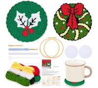 JSRQT Kit de Posavasos Aguja Perforadora Navidad Kits de Posavasos Bordados Navideño Completado Kit de Inicio de Aguja Perforadora para Principiantes Niños Adultos 2 Piezas Punch Needle Kits