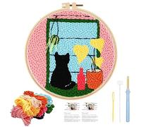 JSRQT Kit para Principiantes para Bordar Gato Kit Aguja Perforadora Punch Needle Kit Bricolaje Kit de Bordado con Aguja Perforada para Adultos Principiantes Herramienta de Punto de Cruz con Aro